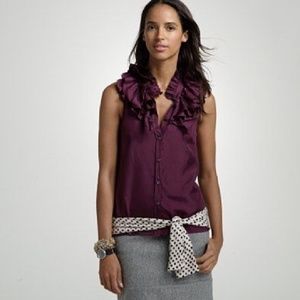 J. Crew 10 Purple Silk Tuxedo blouse, ruffled neck, barely worn